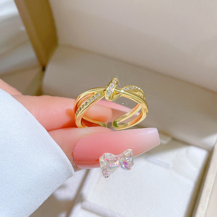 【Real Gold】Cross Knot Full Diamond Ring Adjustable Open Simple Hand Jewelry Japanese Style Couple Rings