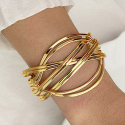 Punk Exaggeration Bangle Trendy Boho Gold Plated Geometry Feather Big Circle Open Cuff Bangles Bracelet Set for Women Jewelry