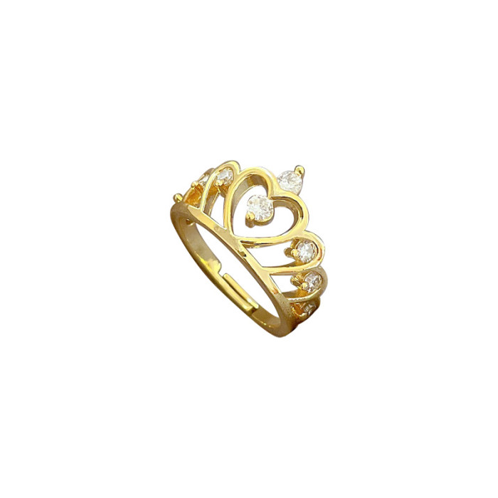 【Real Gold】Crown Hollow Fashion Ring Adjustable Open Simple Hand Jewelry Japanese Style Couple Rings