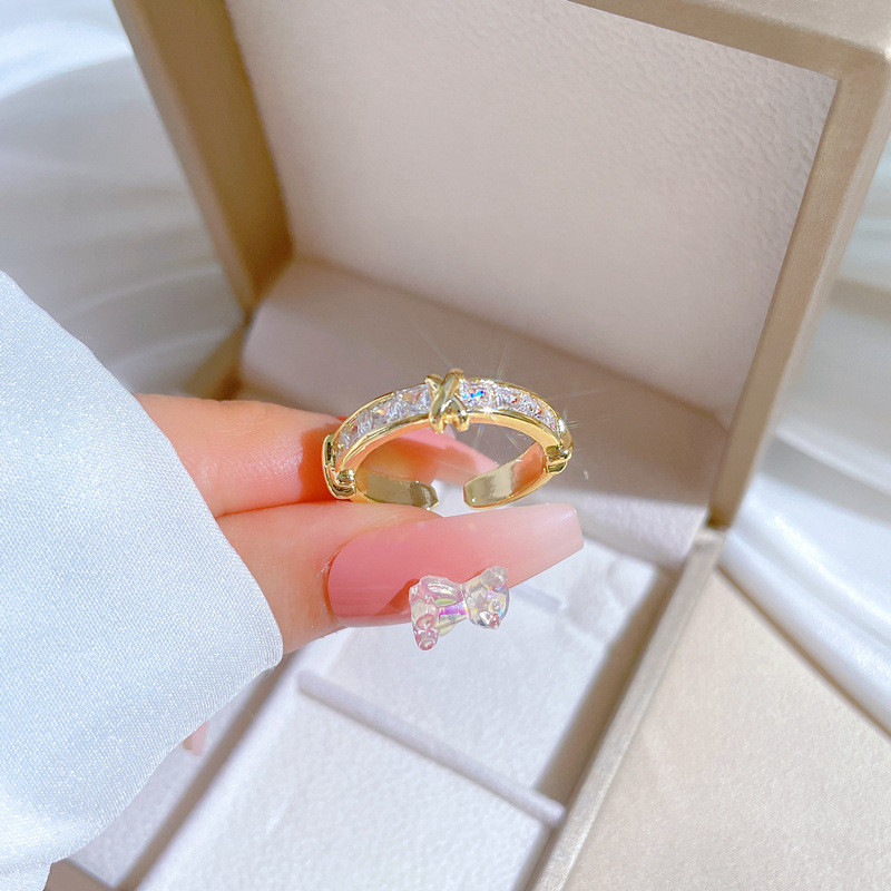 【Real Gold】Cross Full Zircon Wedding Ring Adjustable Open Ring Simple Hand Jewelry Japanese Style Couple Rings