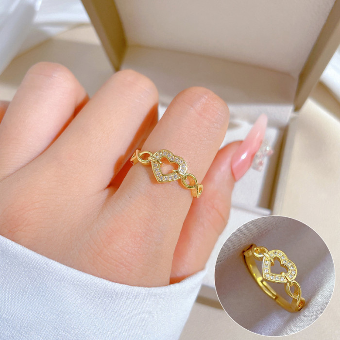 [Real Gold] Chain Heart Full Diamond Ring Adjustable Open Simple Hand Jewelry Japanese Style Couple Rings