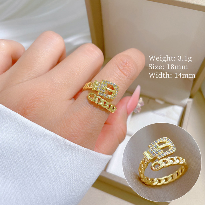 [Real Gold Plating] European and American Design Ins Style Geometric Diamond-Embedded Ball Ring Women's Cold Style Open Ring