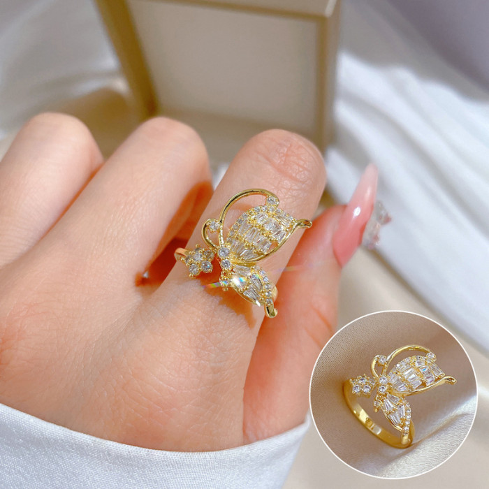 【Real Gold】Butterfly Knot Zircon Ring Adjustable Open Simple Hand Jewelry Japanese Style Couple Rings