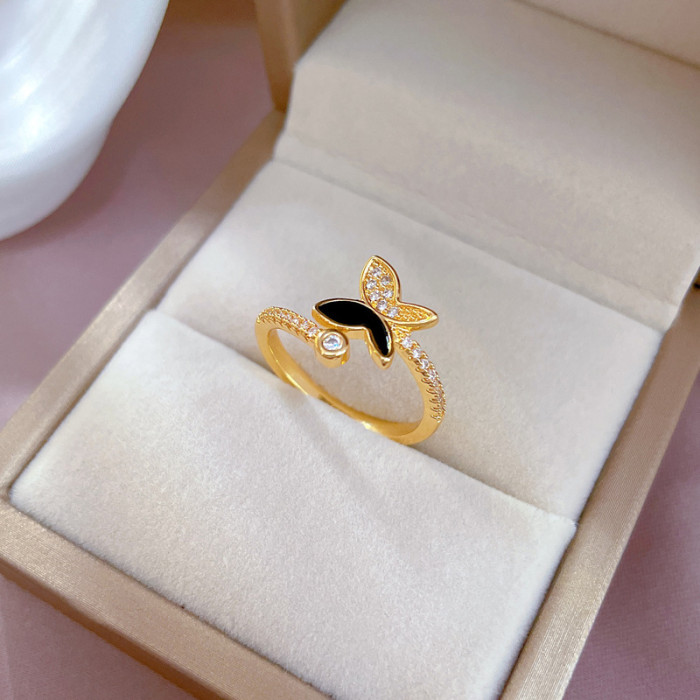 [Real Gold] Oil Drop Butterfly Full Diamond Ring Adjustable Open Simple Hand Jewelry Japanese Style Couple Rings