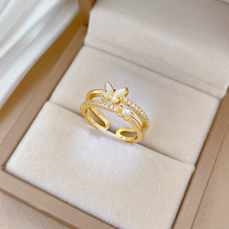 【Real Gold】Shell Butterfly Full Diamond Ring Adjustable Open Simple Hand Jewelry Japanese Style Couple Rings