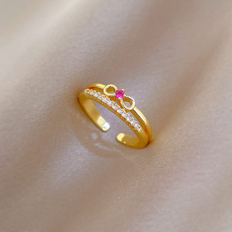 【Real Gold Plating】Open Bowknot Women's Fashion Micro Inlay Light Luxury Ring Index Finger Ring Internet Celebrity Same Style Minimalist Style