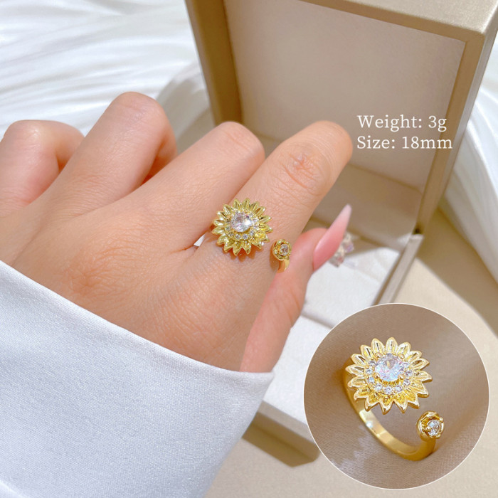 [Real Gold Plating] European and American Design Ins Style Geometric Diamond-Embedded Ball Ring Women's Cold Style Open Ring