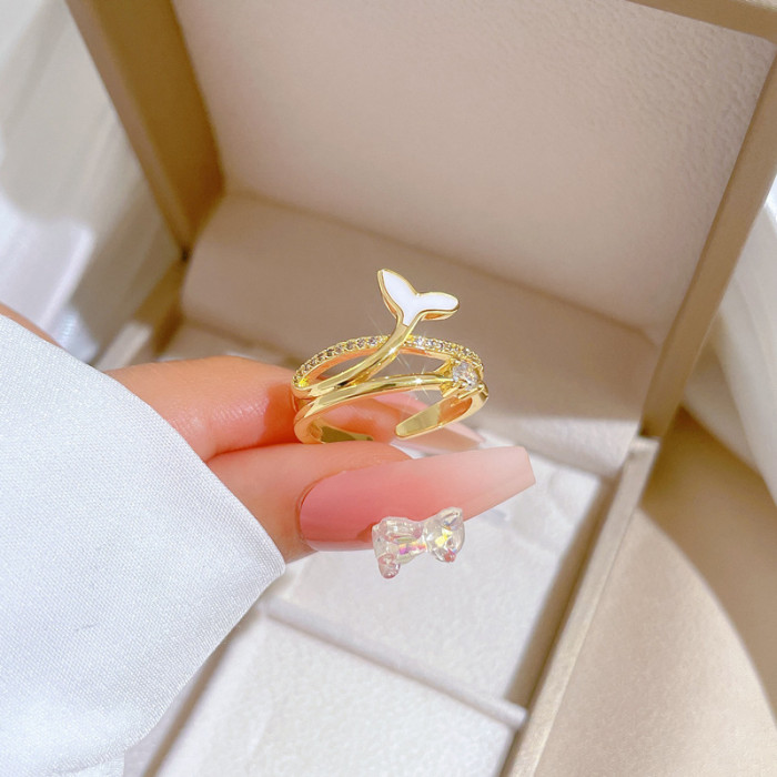 【Real Gold】Mermaid Tail Fashion Ring Adjustable Open Simple Hand Jewelry Japanese Style Couple Rings