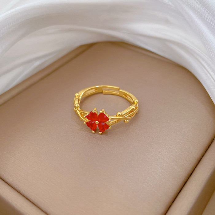【Real Gold】Light Luxury Lucky Clover Ring Adjustable Open Style Simple Hand Jewelry Japanese Style Couple Rings