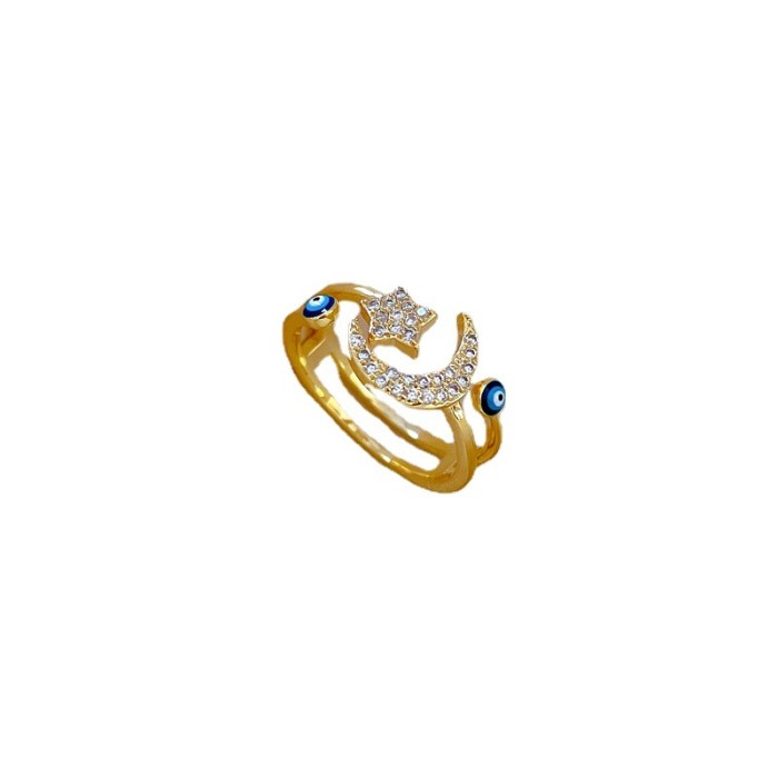 【Real Gold Plating】Open Star Moon Fashion Micro Inlay Light Luxury Ring Index Finger Ring Internet Celebrity Same Style Minimalist Style
