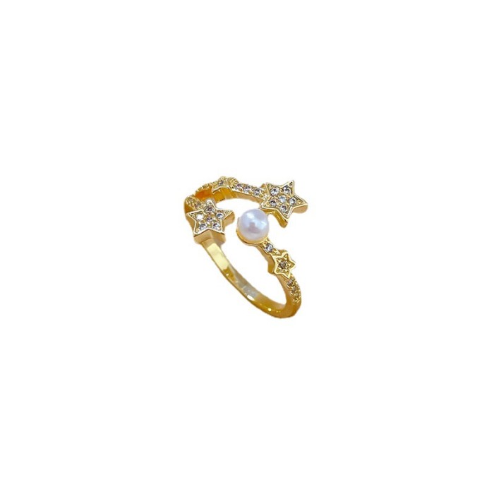 【Real Gold Plating】Open Star Pearl Fashion Micro Inlay Light Luxury Ring Index Finger Ring Internet Celebrity Same Style Minimalist Style