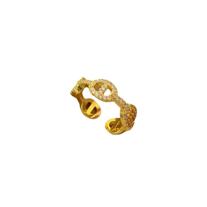 [Real Gold] Inlaid Diamond Pig Nose Open Ring for Women, Korean and Japanese Niche Simple Design Index Finger Ring, Internet Celebrity Ring