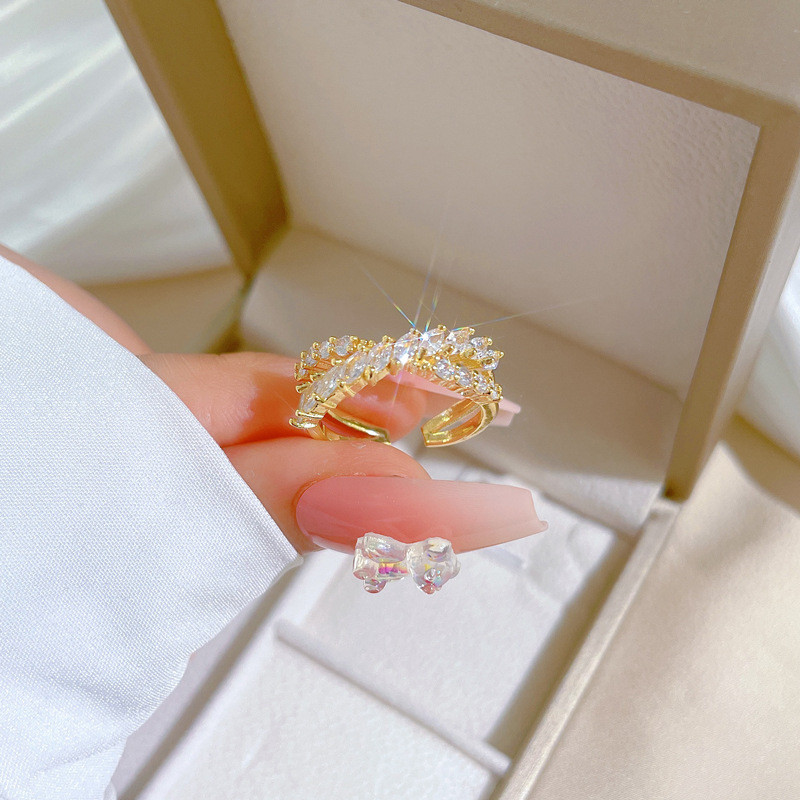 【Real Gold】Cross Zircon Ring Adjustable Open Simple Hand Jewelry Japanese Style Couple Rings