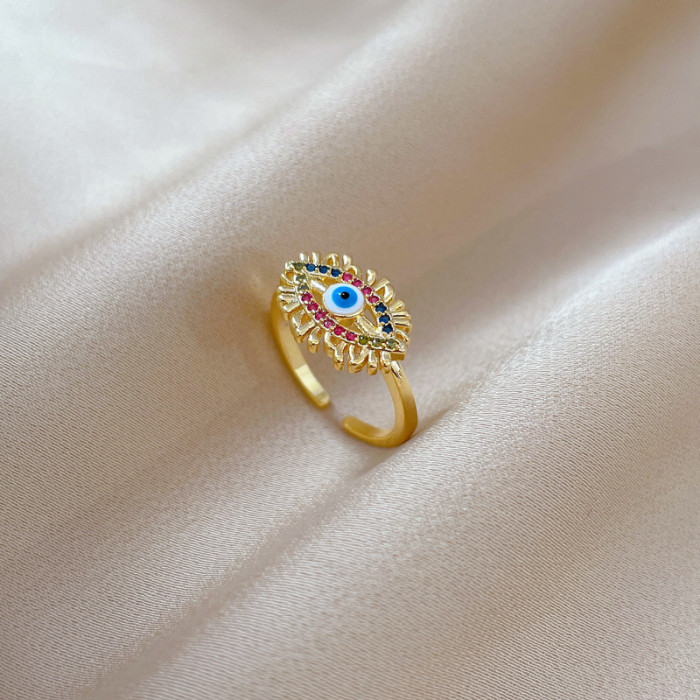 【Real Gold】Devil's Eye Zircon Ring Adjustable Open Simple Hand Jewelry Japanese Style Couple Rings
