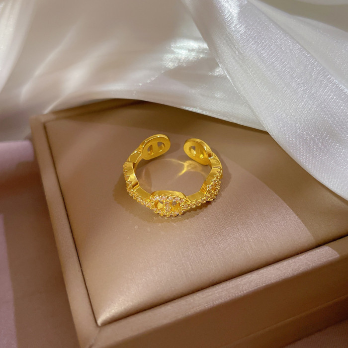 [Real Gold] Inlaid Diamond Pig Nose Open Ring for Women, Korean and Japanese Niche Simple Design Index Finger Ring, Internet Celebrity Ring