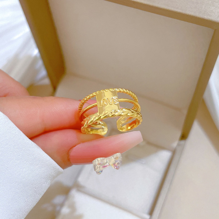【Real Gold】Minimalist Style LOVE Ring Adjustable Open Ring Simple Jewelry Japanese Style Couple Rings