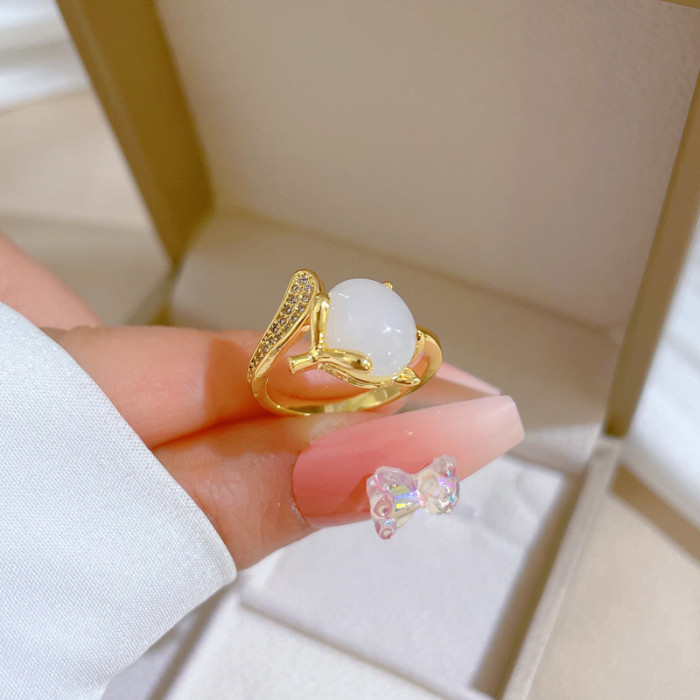 【Real Gold】White Jade Fox Zircon Ring Adjustable Open Style Simple Hand Jewelry Japanese Style Couple Rings