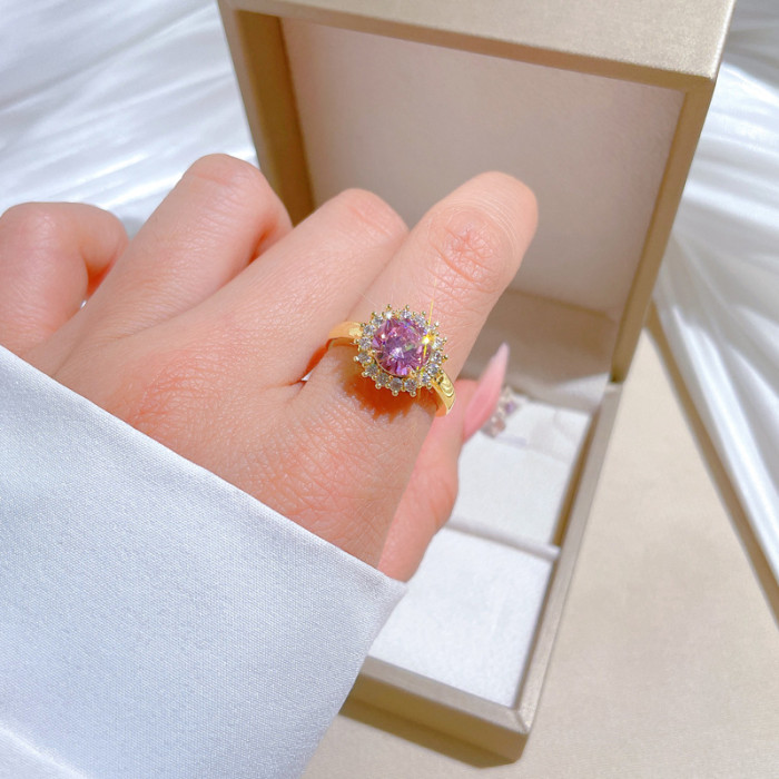 [Real Gold] Pink Round Full Diamond Ring Adjustable Open Simple Hand Jewelry Japanese Style Couple Rings