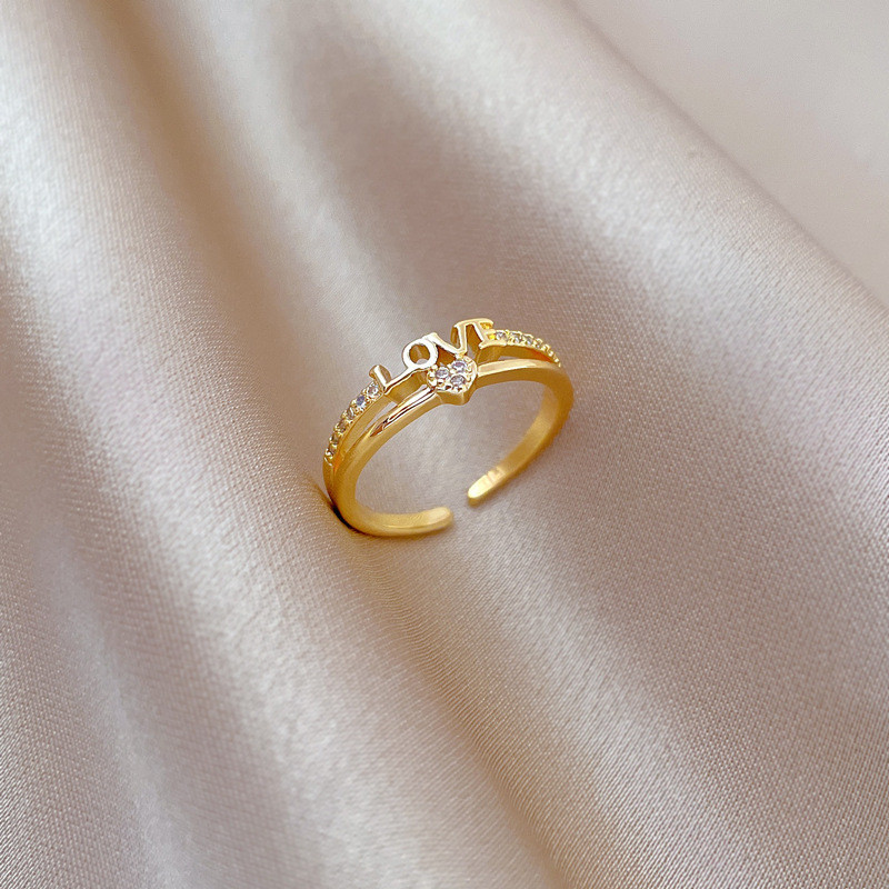 【Real Gold】Heart LOVE Zircon Ring Adjustable Open Style Simple Jewelry Japanese Style Couple Rings