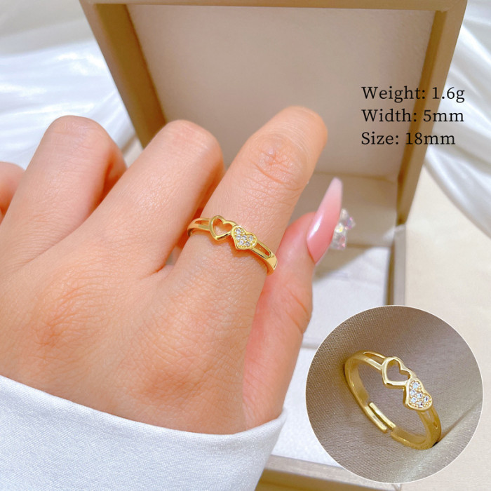 【Real Gold】Heart-Shaped Hollow Small Ring Adjustable Open Simple Hand Jewelry Japanese Style Couple Rings
