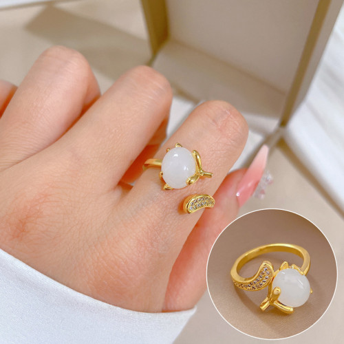 【Real Gold】White Jade Fox Zircon Ring Adjustable Open Style Simple Hand Jewelry Japanese Style Couple Rings
