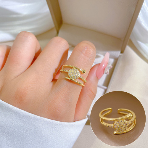 【Real Gold】Round Three-Layer Full Diamond Ring Adjustable Open Simple Hand Jewelry Japanese Style Couple Rings