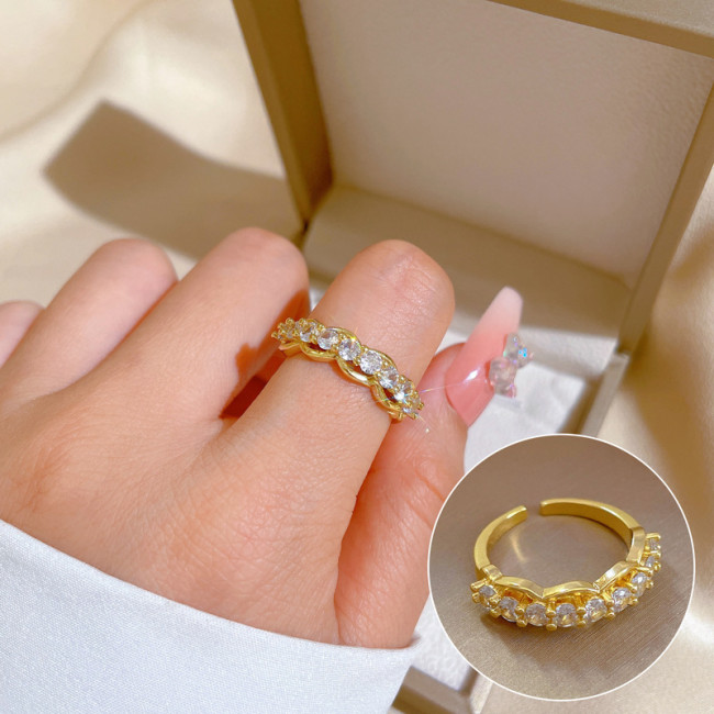 [Gold-Plated]Open Fully Stone-Set Women's Fashion Micro Inlay Light Luxury Ring Index Finger Ring Internet Celebri...