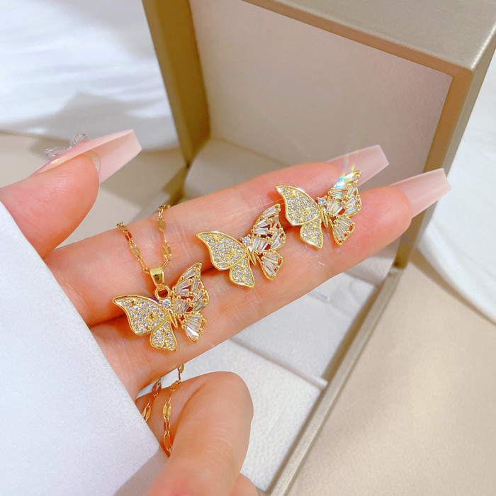【Set】High-Quality Elegant Light Luxury Full Zircon Heavy Craft Real Gold Plated Copper Micro-Inlaid Earrings Necklace...