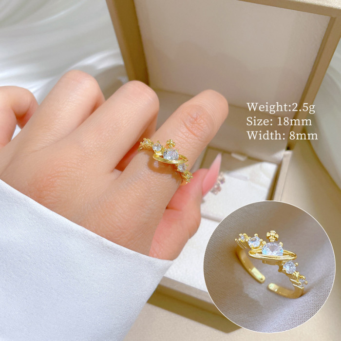 【Real Gold】Zircon Planet Full Diamond Ring Adjustable Open Simple Hand Jewelry Japanese Style Couple Rings