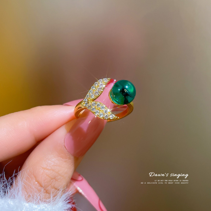 [Real Gold Plating] European and American Design Ins Style Geometric Diamond-Embedded Ball Ring Women's Cold Style Open Ring