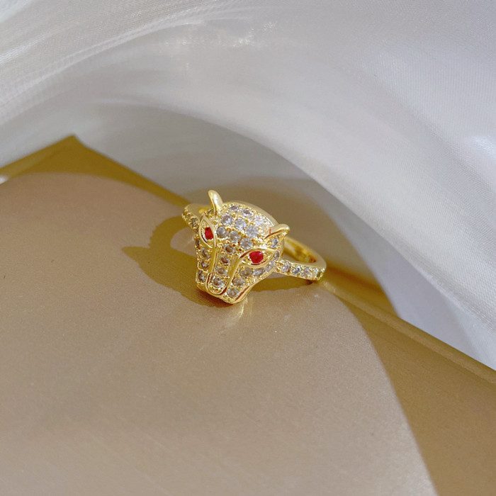 【Real Gold】Full Diamond Leopard Head Zircon Ring Adjustable Open Style Simple Hand Jewelry Japanese Style Couple Rings