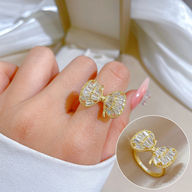 【Real Gold】Butterfly Knot Zircon Ring Adjustable Open Simple Hand Jewelry Japanese Style Couple Rings