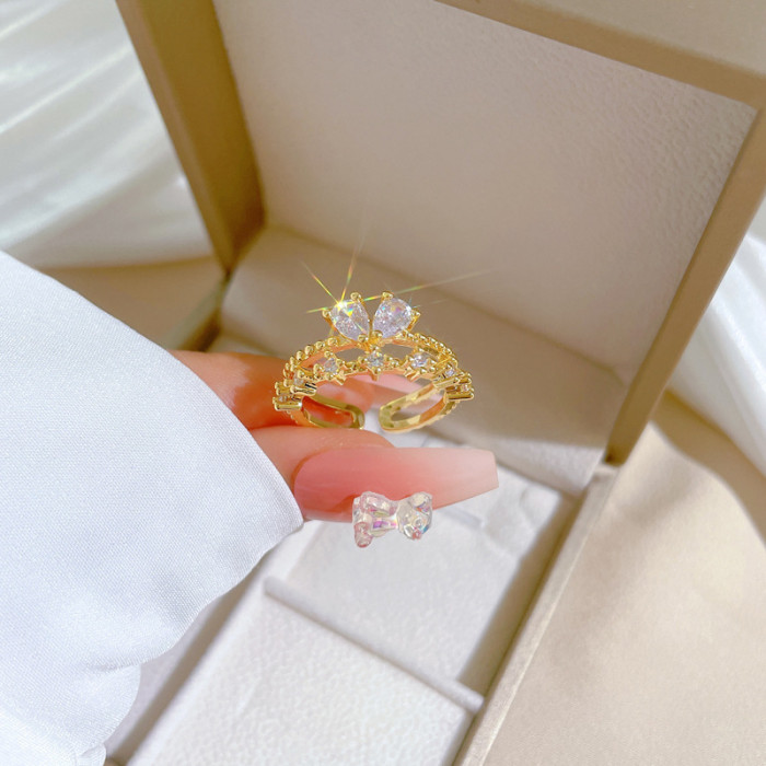 [Real Gold] Light Luxury Butterfly Zircon Ring Adjustable Open Simple Hand Jewelry Japanese Style Couple Rings