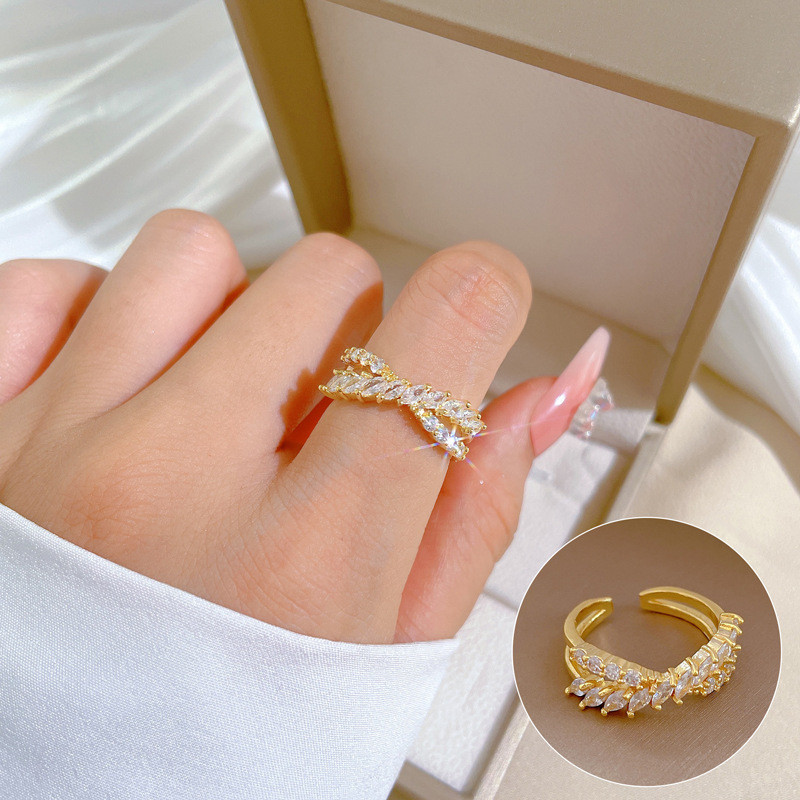 【Real Gold】Cross Zircon Ring Adjustable Open Simple Hand Jewelry Japanese Style Couple Rings