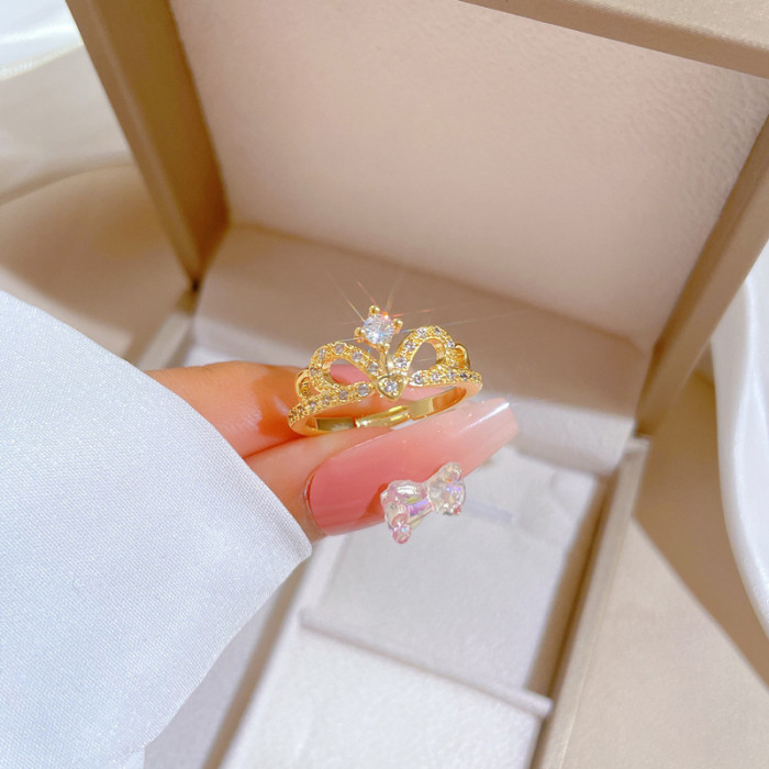 【Real Gold】Crown Open Adjustable Wedding Ring Simple Japanese Style Couple Rings