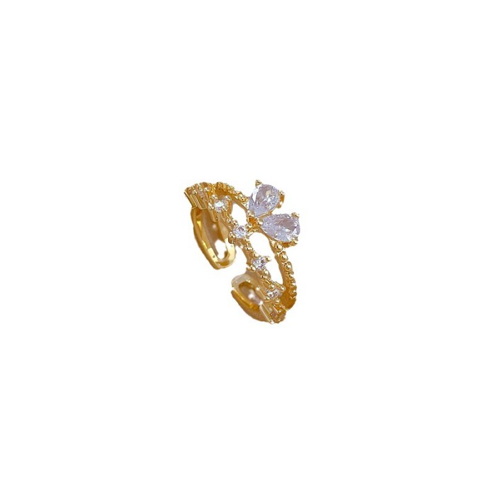 [Real Gold] Light Luxury Butterfly Zircon Ring Adjustable Open Simple Hand Jewelry Japanese Style Couple Rings