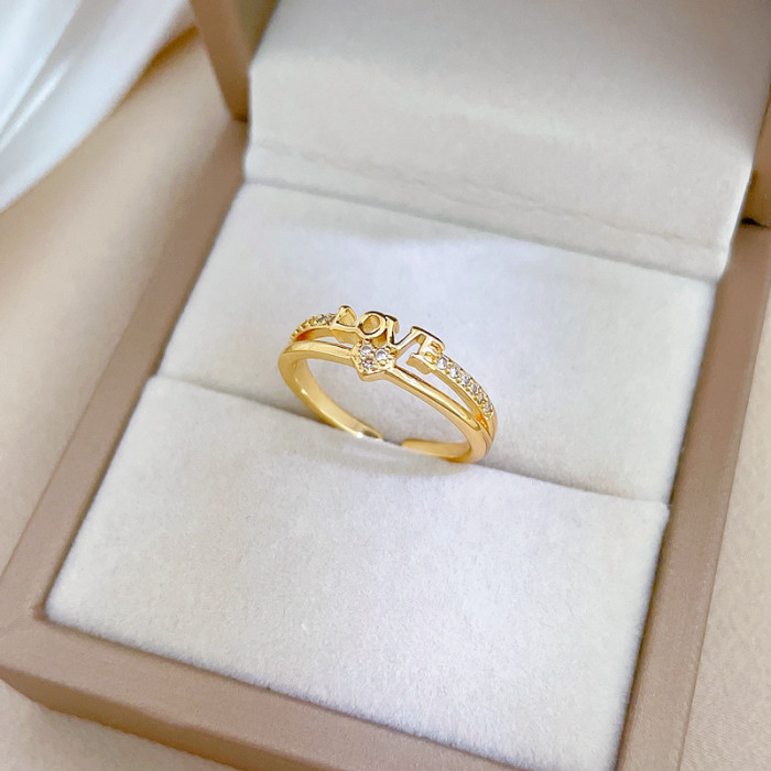 【Real Gold】Heart LOVE Zircon Ring Adjustable Open Style Simple Jewelry Japanese Style Couple Rings