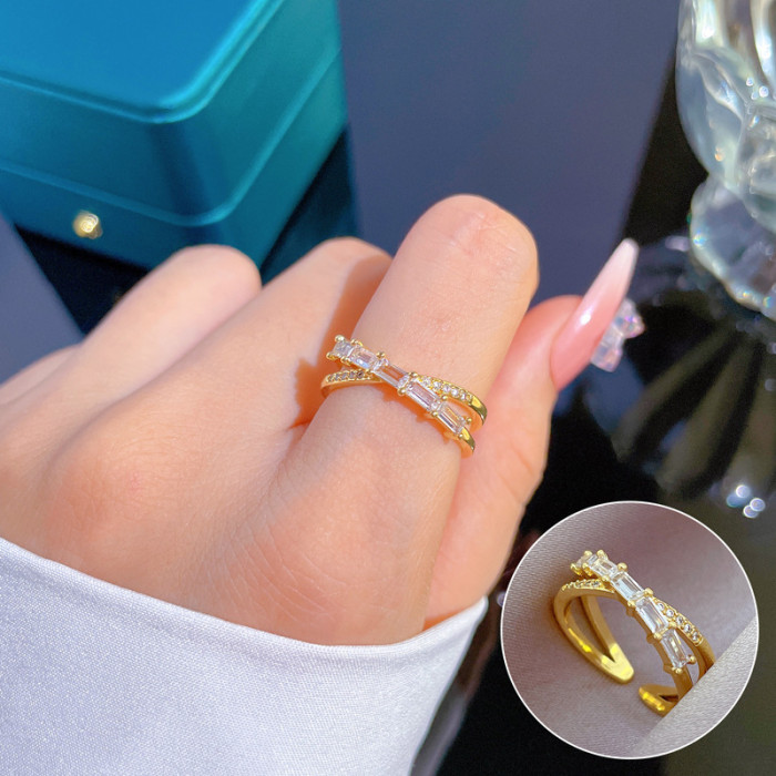 [Gold-Plated]Open Ring Cross Fully Stone-Set Personality Ring Index Finger Ring Internet Celebrity Same Style Simp...