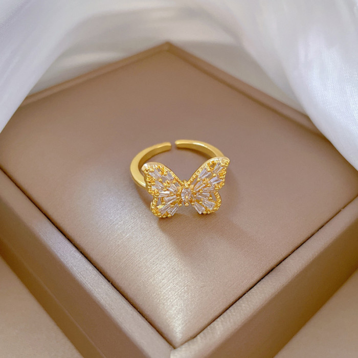 【Real Gold Plating】Open Heavy Craft Butterfly Fashion Micro Inlay Light Luxury Ring Index Finger Ring Internet Celebrity Same Style Minimalist Style