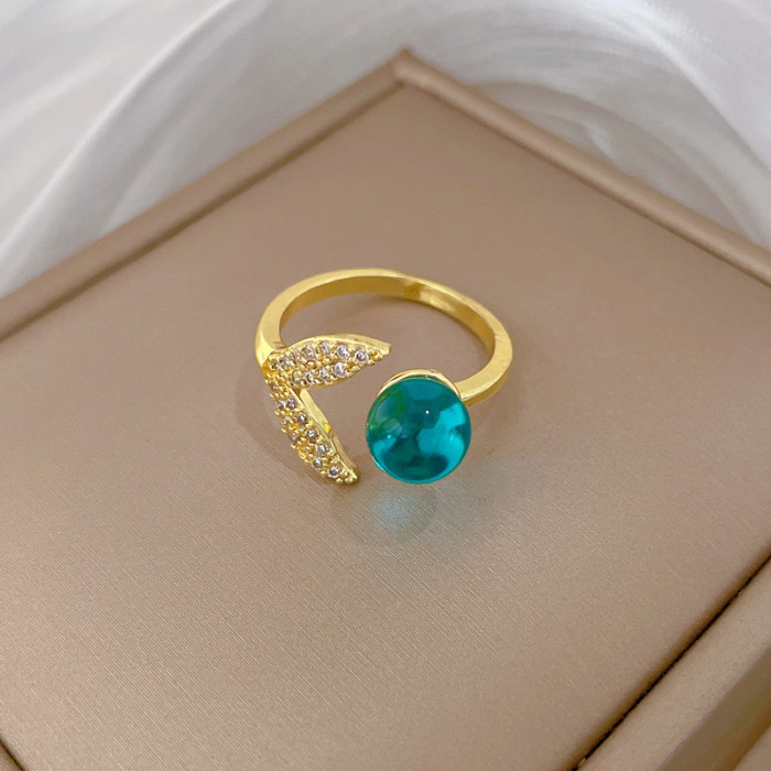 [Real Gold] Korean Version Super Shiny Green Gemstone Crystal Fish Tail Ring Adjustable Open Simple Japanese Style Ring