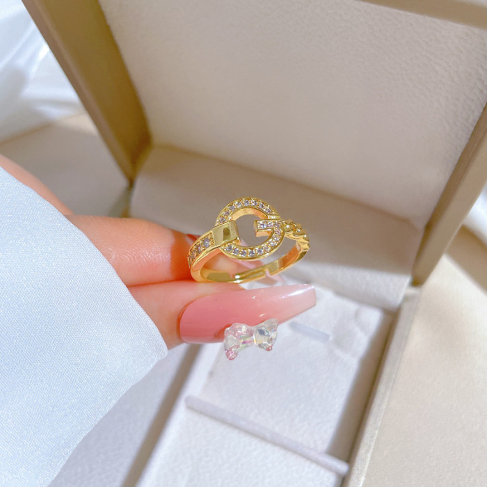 [Real Gold] Chain G-shaped Full Diamond Ring Adjustable Open Simple Hand Jewelry Japanese Style Couple Rings