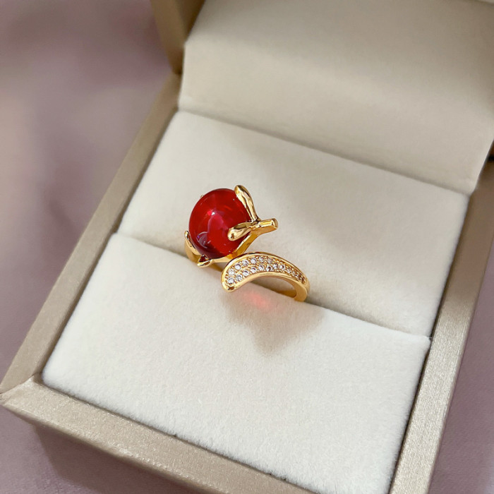 [Real Gold] TikTok Live Style Copper Micro Inlaid Zircon Elegant Red Fox Ring for Women Adjustable Open Ring for Women