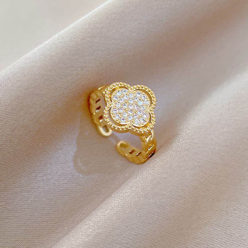 【Real Gold】Light Luxury Lucky Clover Ring Adjustable Open Style Simple Hand Jewelry Japanese Style Couple Rings