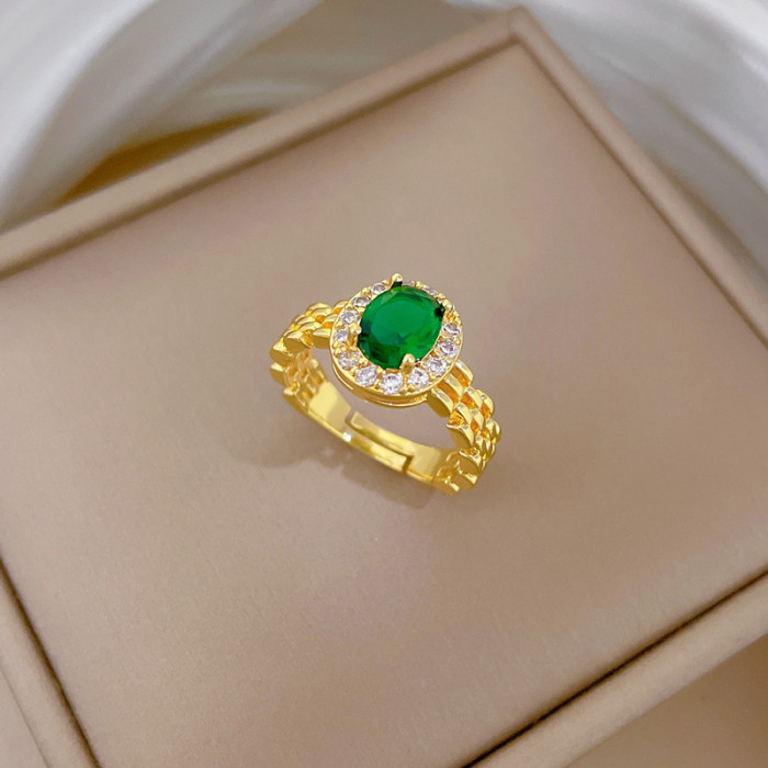 【Real Gold】Watch Chain Green Gemstone Ring Adjustable Simple Hand Jewelry Japanese Style Couple Rings