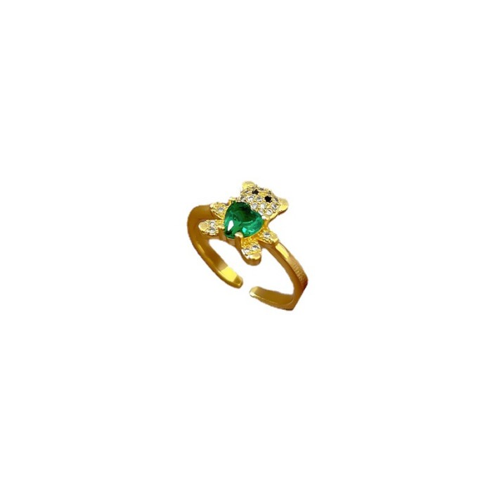 [Real Gold] Inlaid Diamond Bear Open Ring for Women, Korean and Japanese Niche Simple Design Index Finger Ring, Internet Celebrity Ring