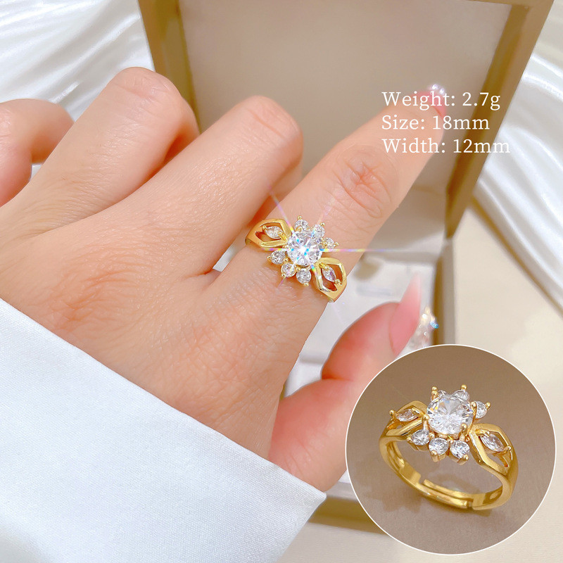 【Real Gold】Full Diamond Personalized Zircon Ring Adjustable Open Simple Hand Jewelry Japanese Style Couple Rings