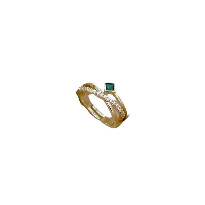 【Real Gold】Cross Green Full Diamond Ring Adjustable Open Simple Hand Jewelry Japanese Style Couple Rings