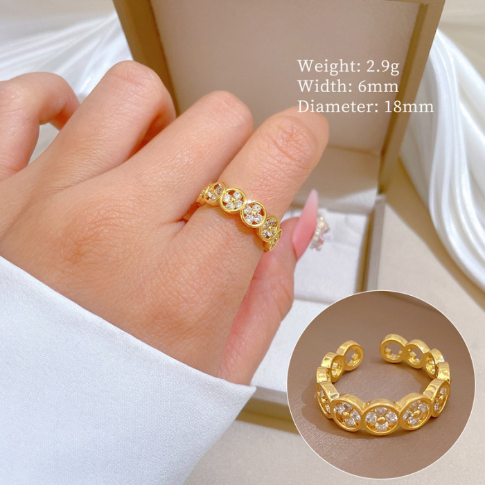 【Real Gold】Lucky Clover Full Diamond Ring Adjustable Open Simple Hand Jewelry Japanese Style Couple Rings
