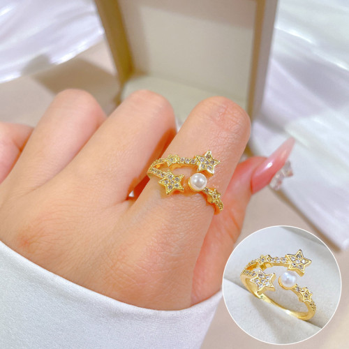 【Real Gold Plating】Open Star Pearl Fashion Micro Inlay Light Luxury Ring Index Finger Ring Internet Celebrity Same Style Minimalist Style