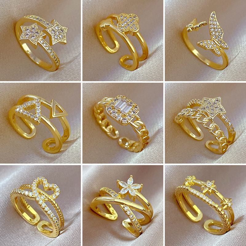 [Real Gold Plating] Elegant High-Grade Zircon Super Flash Ring Female Opening Adjustable Simple Internet Celebrity Ins